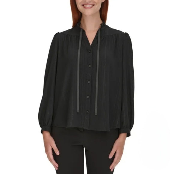 DKNY Women's Lurex Blouse Black Long Sleeve Ruffle Top Medium NWOT - Picture 12 of 12